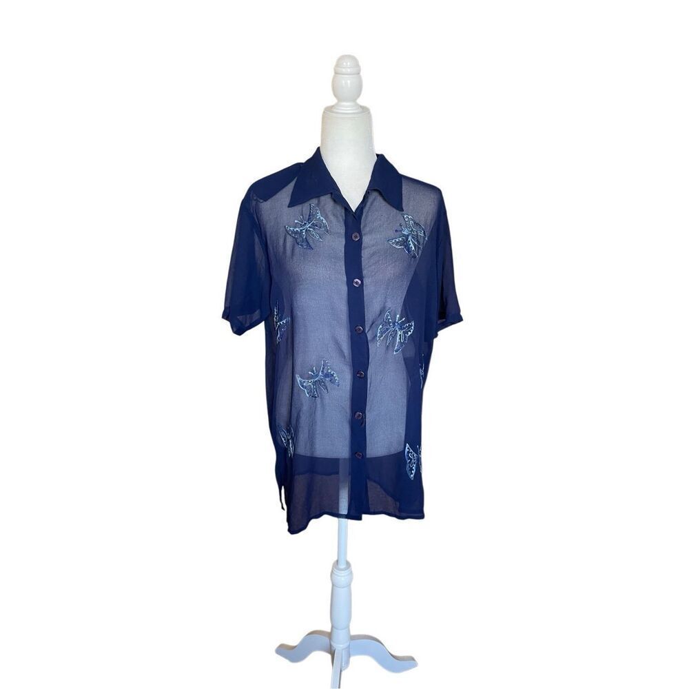 90s Liza B Paris navy sheer button-down shirt with embroidered butterfly designs